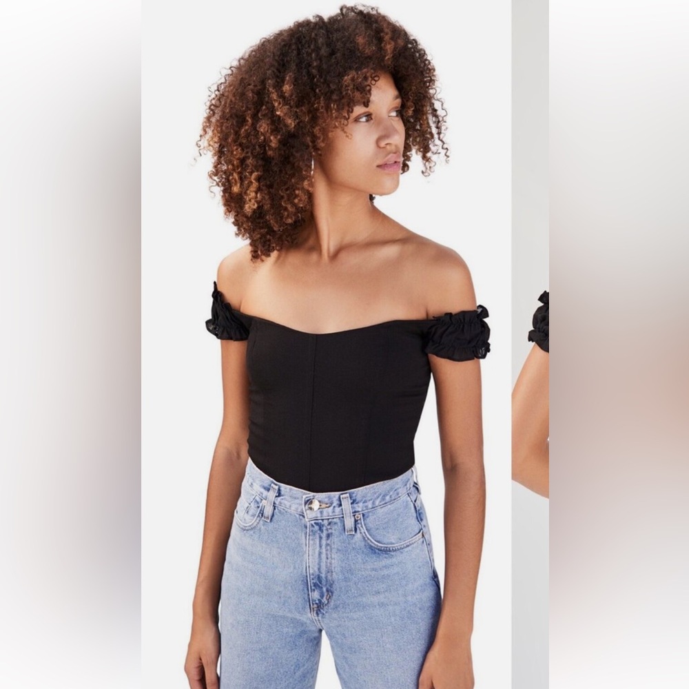 Reformation Black Off-Shoulder Ruched Sleeve Bodysuit